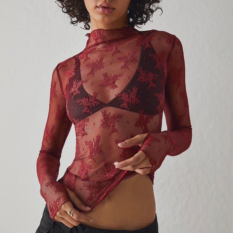 Women'S See-Through Lace Top Mesh Multi-Color Bottoming Shirt Trendy T-Shirt Su3644 - Image 5