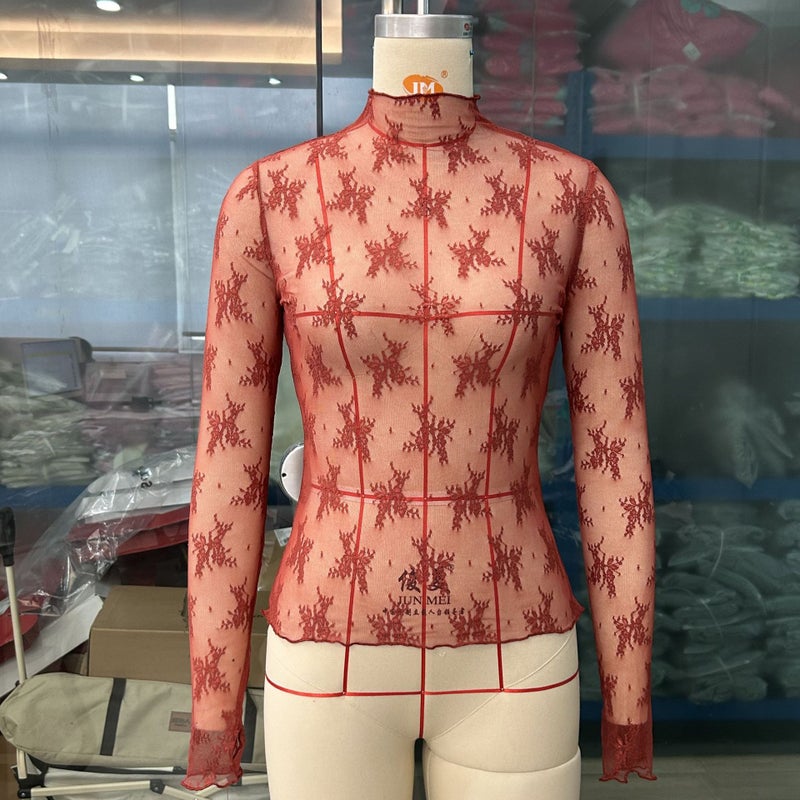 Women'S See-Through Lace Top Mesh Multi-Color Bottoming Shirt Trendy T-Shirt Su3644 - Image 1
