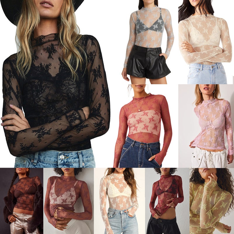Women'S See-Through Lace Top Mesh Multi-Color Bottoming Shirt Trendy T-Shirt Su3644 - Image 3