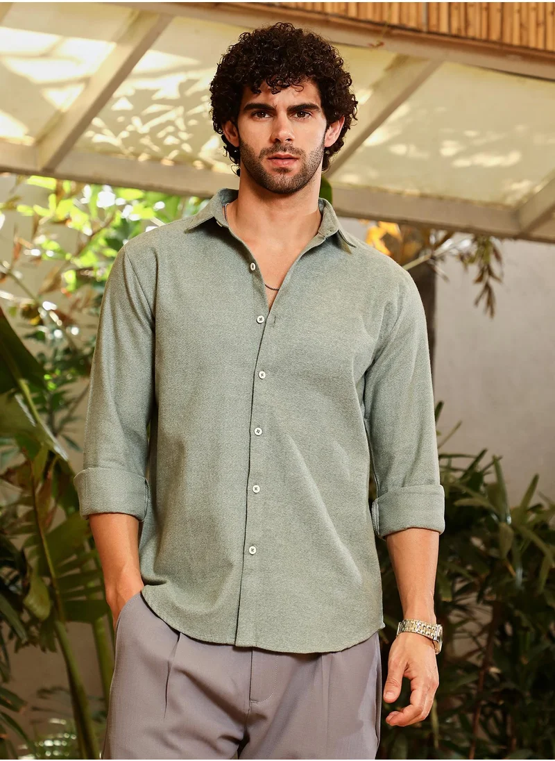 Campus Sutra Men's Olive Green Gauzy-Woven Shirt