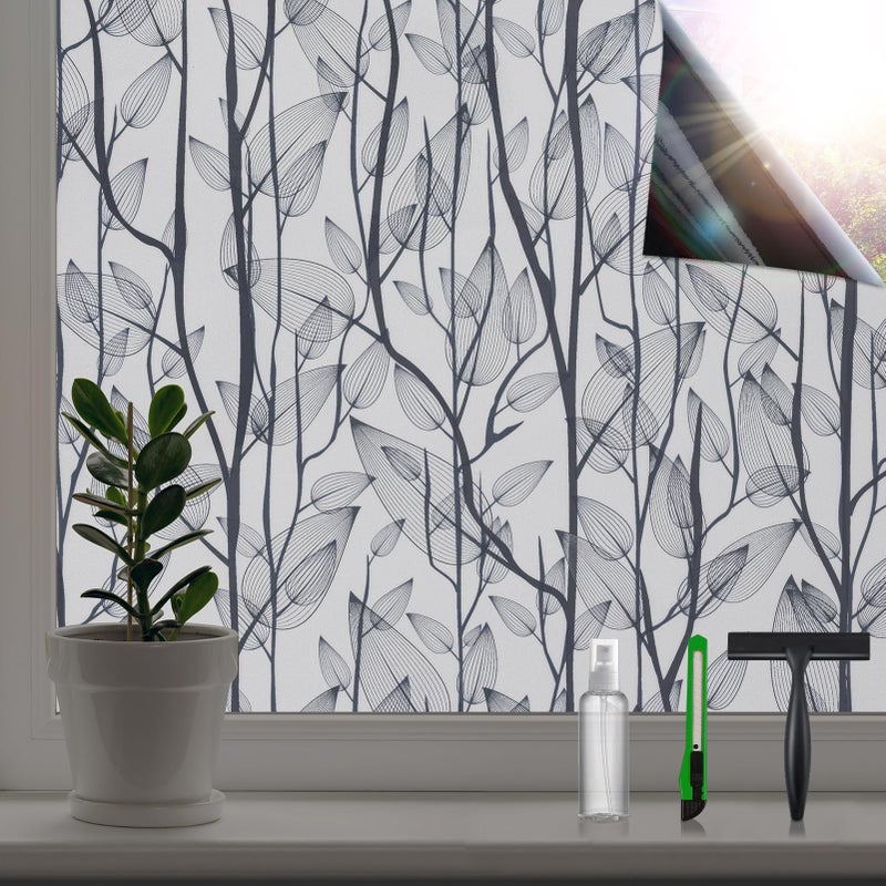 DKTIE Leaf Pattern Window Tint with Installation Tools, Blackout Window Cover, Sun Blocking Window Tint for Home (Full Blackout Opaque, 17.7'' x 78.7'') - Image 1