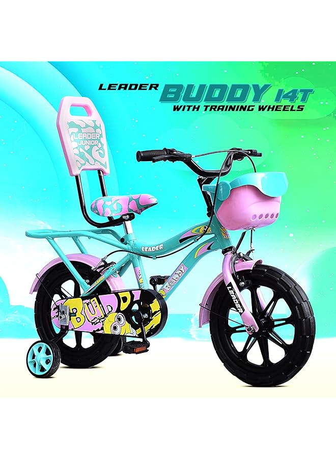 ليدر دراجة بادي كيدز سايكل ١٤T مع عجلات تدريب (مُجمّعة جزئيًا) للأولاد والبنات، مثالية للفئة العمرية من ٢ إلى ٥ سنوات | الإطار: ٨ بوصات (١٤T أخضر بحري ووردي فاتح) - Image 2