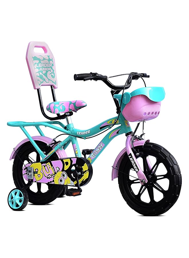 ليدر دراجة بادي كيدز سايكل ١٤T مع عجلات تدريب (مُجمّعة جزئيًا) للأولاد والبنات، مثالية للفئة العمرية من ٢ إلى ٥ سنوات | الإطار: ٨ بوصات (١٤T أخضر بحري ووردي فاتح) - Image 1