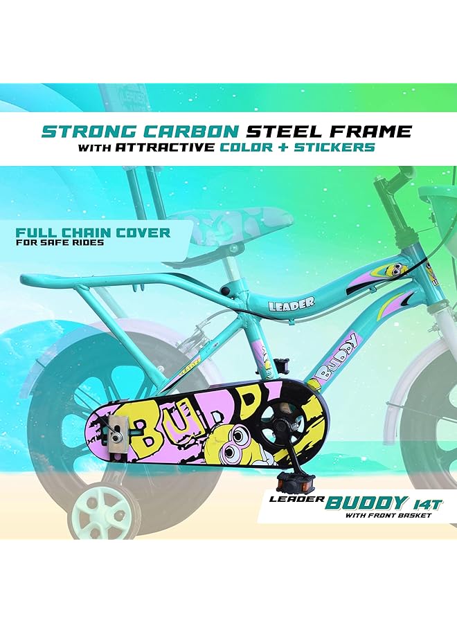 ليدر دراجة بادي كيدز سايكل ١٤T مع عجلات تدريب (مُجمّعة جزئيًا) للأولاد والبنات، مثالية للفئة العمرية من ٢ إلى ٥ سنوات | الإطار: ٨ بوصات (١٤T أخضر بحري ووردي فاتح) - Image 3