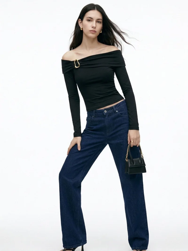 Outzidr  Black Off-Shoulder With Metal Buckle Trim Detail Top for Women | Best Price UAE