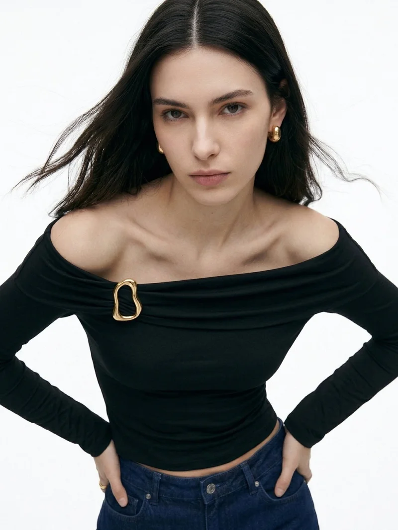 Black Off-Shoulder With Metal Buckle Trim Detail Top