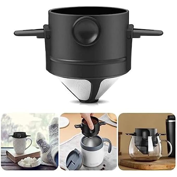 rayihni 2Pcs Portable Foldable Coffee Filter Stainless Steel Easy Clean Reusable Coffee Funnel Paperless Pour Over Holder Coffee Dripper Black - Image 3
