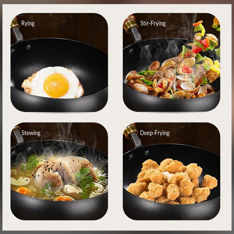 MACTANO Uncoated Iron Pan, Nonstick Wok Hand Forged Iron Pan with Lid Stir Fry Wok Skillet for Cooking - 9.44IN - Image 3