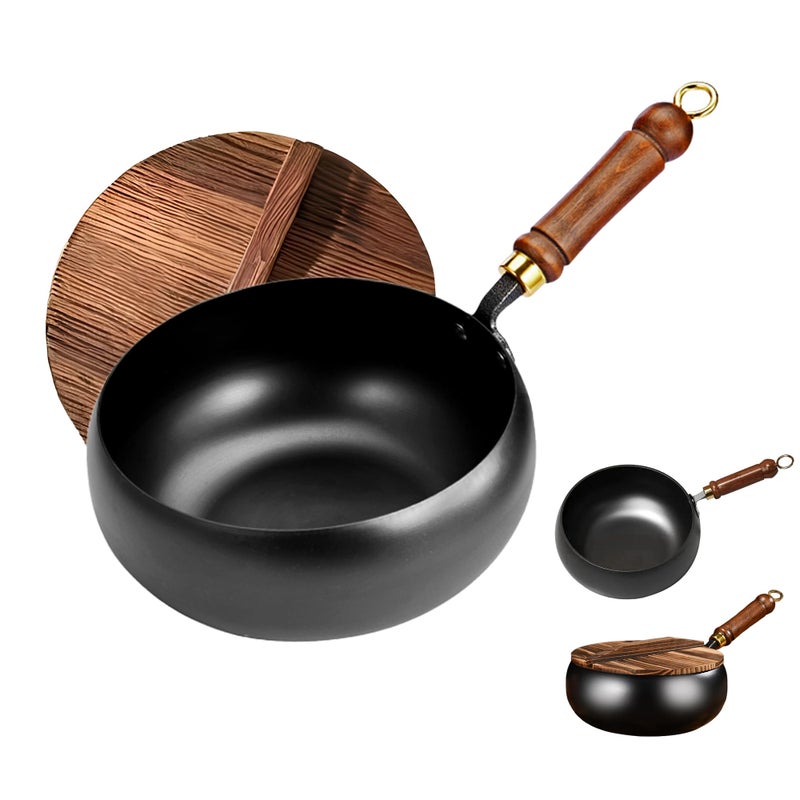 MACTANO Uncoated Iron Pan, Nonstick Wok Hand Forged Iron Pan with Lid Stir Fry Wok Skillet for Cooking - 9.44IN - Image 1
