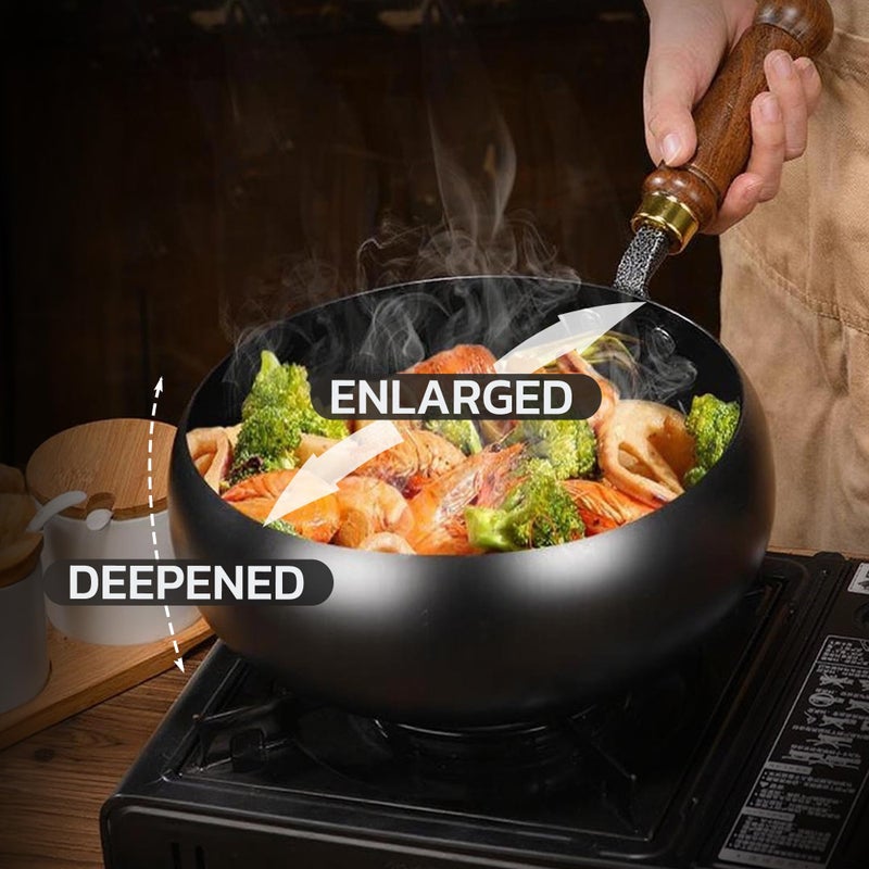 MACTANO Uncoated Iron Pan, Nonstick Wok Hand Forged Iron Pan with Lid Stir Fry Wok Skillet for Cooking - 9.44IN - Image 5