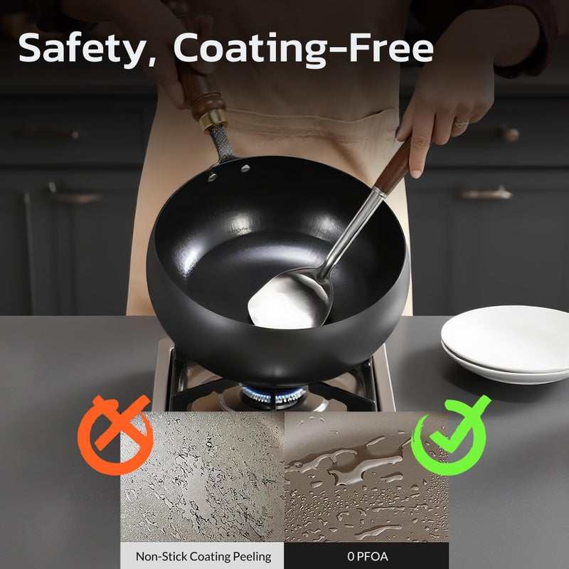 MACTANO Uncoated Iron Pan, Nonstick Wok Hand Forged Iron Pan with Lid Stir Fry Wok Skillet for Cooking - 9.44IN - Image 2