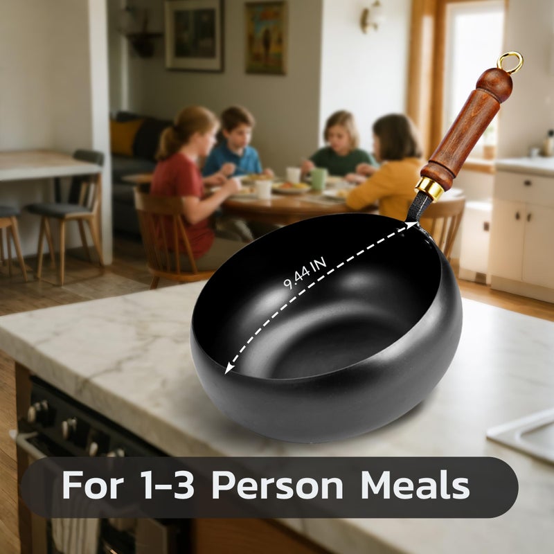 MACTANO Uncoated Iron Pan, Nonstick Wok Hand Forged Iron Pan with Lid Stir Fry Wok Skillet for Cooking - 9.44IN - Image 4