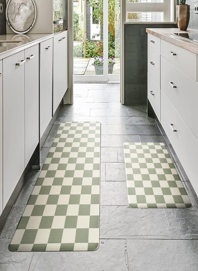 VivaNest Beige Sage Checkered Grid Checkerboard Kitchen Rug Sets [2 PCs], Anti-Fatigue, Waterproof Non-Slip Kitchen Mats Heavy Duty Comfort Foam Rug for Kitchen, Floor, Home, Laundry,17"x29"+17"x47" - Image 2