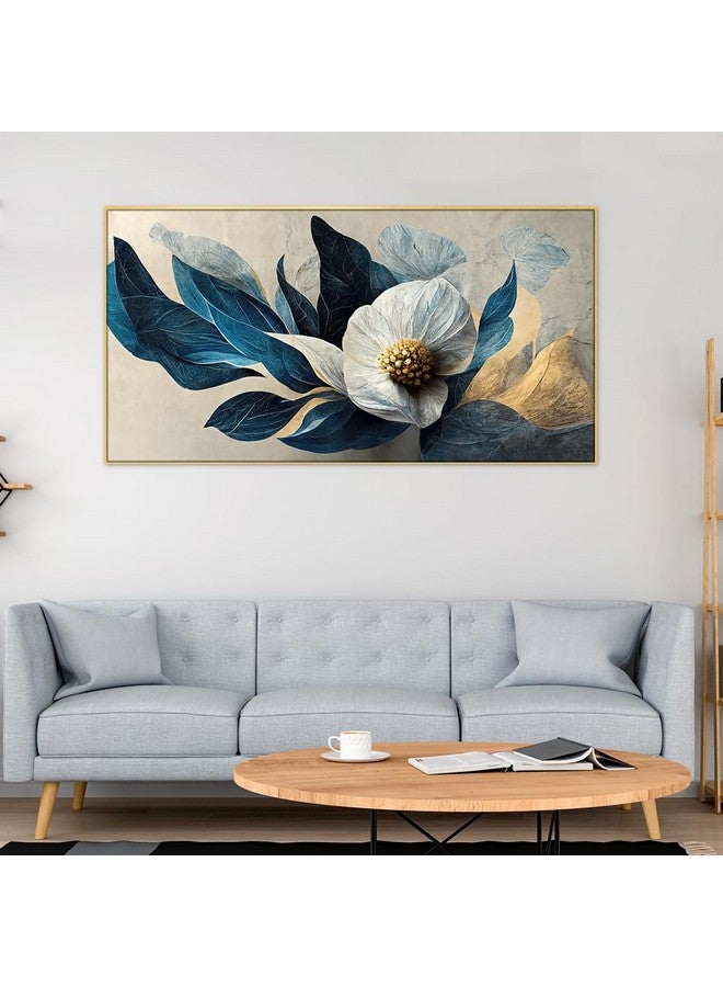 DEKORSTATION Luxurious 3d White and Gold Modern Flower Floating Frame Canvas Painting|Modern Canvas Paintings with Acrylic for Wall Decoration|12x24 inch Canvas Painting - Image 1