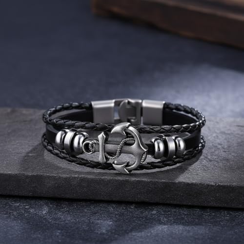 Vientiq Black Anchor Design Braided Leather Bracelet For Men/Boy's (GREY) - Image 4