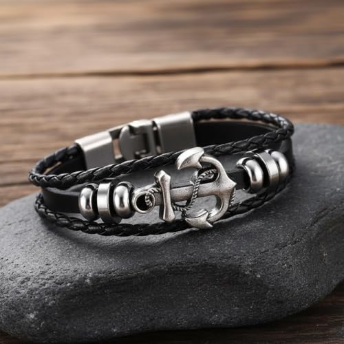 Vientiq Black Anchor Design Braided Leather Bracelet For Men/Boy's (GREY) - Image 5