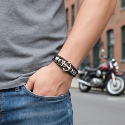 Vientiq Black Anchor Design Braided Leather Bracelet For Men/Boy's (GREY) - Image 2