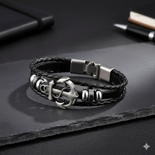 Vientiq Black Anchor Design Braided Leather Bracelet For Men/Boy's (GREY) - Image 3