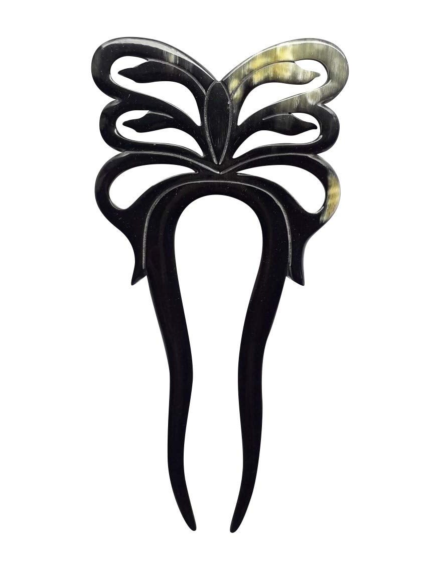 Marycrafts - Marycrafts 2 Prongs Black Butterfly Buffalo Horn Hair Fork Hairfork Hair Sticks Hair Accessories - Image 1