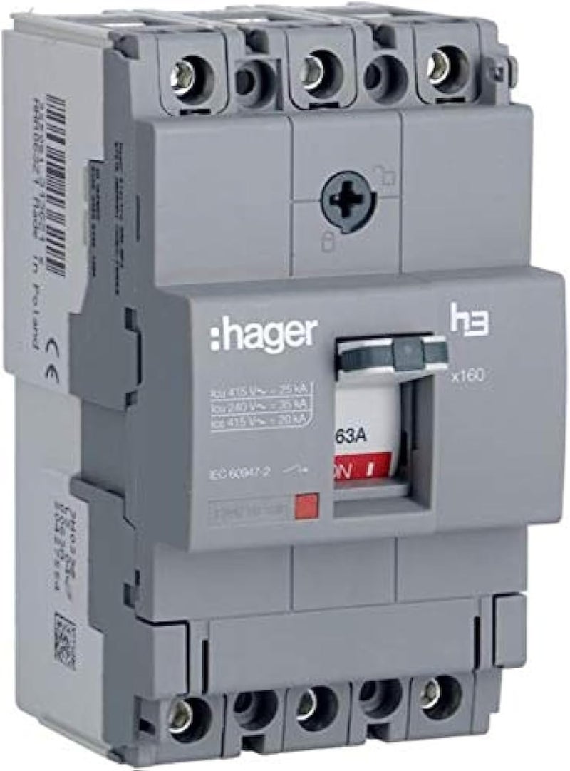 Hager Moulded Case Circuit Breaker MCCB, 3 Pole, 63A, 25kA (HHA063Z) – Made in EU