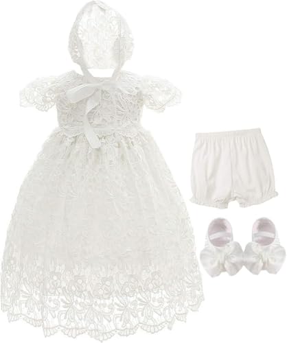 Bow Dream Baby Girls 4Pcs Gown and Bonnet Christening Baptism Dress Lace Baby Dress with Shoes White 0-3 Months - Image 1