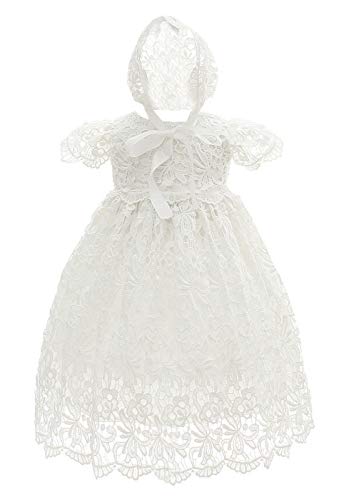 Bow Dream Baby Girls 4Pcs Gown and Bonnet Christening Baptism Dress Lace Baby Dress with Shoes White 0-3 Months - Image 2