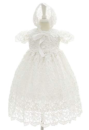 Bow Dream Baby Girls 4Pcs Gown and Bonnet Christening Baptism Dress Lace Baby Dress with Shoes White 0-3 Months - Image 3
