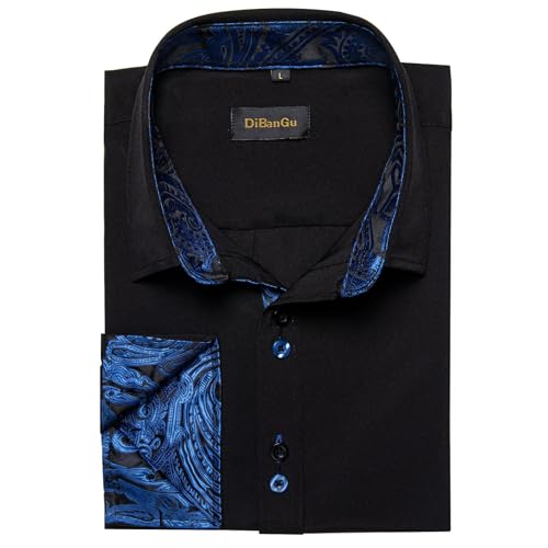 DiBanGu Men's Dress Shirt Long Sleeve Casual Button Down Shirts Regular Fit Inner Contrast Shirt for Business Party, Black and Royal Blue, Large - Image 5