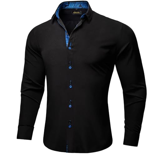 DiBanGu Men's Dress Shirt Long Sleeve Casual Button Down Shirts Regular Fit Inner Contrast Shirt for Business Party, Black and Royal Blue, Large - Image 3