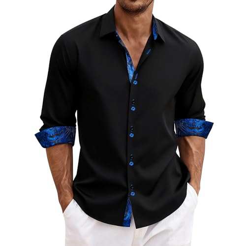 DiBanGu Men's Dress Shirt Long Sleeve Casual Button Down Shirts Regular Fit Inner Contrast Shirt for Business Party, Black and Royal Blue, Large - Image 2
