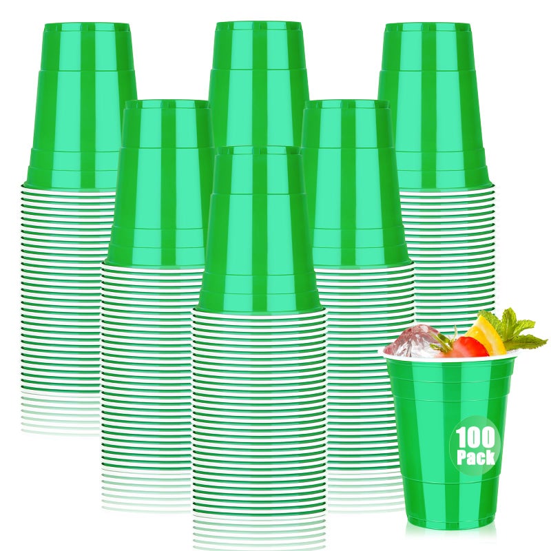 Dualshine 100 Pack Green Plastic Cups 16 oz Disposable Cups for Party Heavy Duty Drinking Cups Shot Cups for St.Patricks Day Wedding Birthday Beer Taste Serving Snack Sample Tastings Barbecues Picnic - Image 1