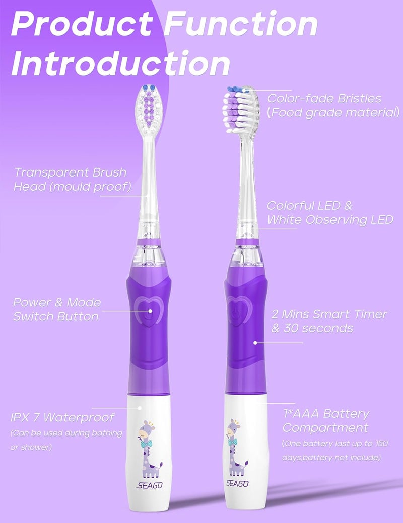 Seago Kids Electric Toothbrush with 2 Mins Brushing Timer and 4 Replacement Bursh Heads, Rainbow LED Light Make Brushing Fun, Green Color Boys Battery Powerd Toothbrush for 4-12 Years Old，SG-977 - Image 5