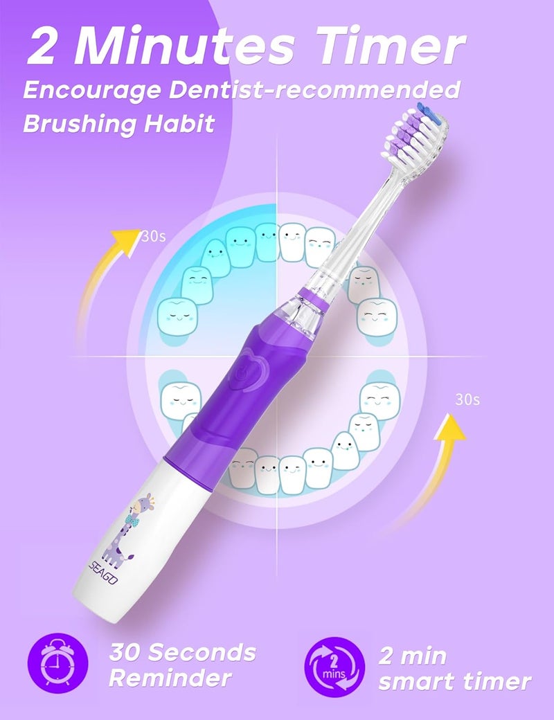 Seago Kids Electric Toothbrush with 2 Mins Brushing Timer and 4 Replacement Bursh Heads, Rainbow LED Light Make Brushing Fun, Green Color Boys Battery Powerd Toothbrush for 4-12 Years Old，SG-977 - Image 4