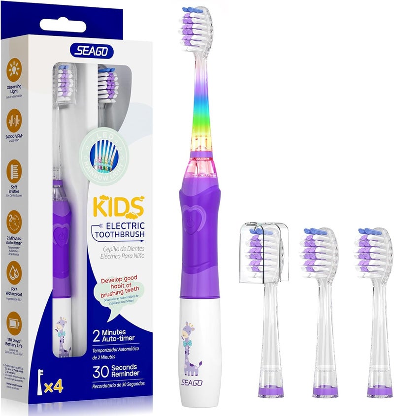 Seago Kids Electric Toothbrush with 2 Mins Brushing Timer and 4 Replacement Bursh Heads, Rainbow LED Light Make Brushing Fun, Green Color Boys Battery Powerd Toothbrush for 4-12 Years Old，SG-977 - Image 1