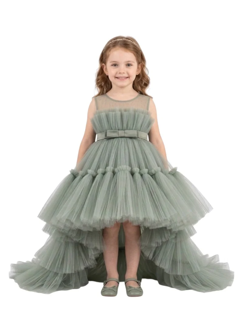 بيداني Sleeveless Ruffled Mesh Party Dress with Bow Belt