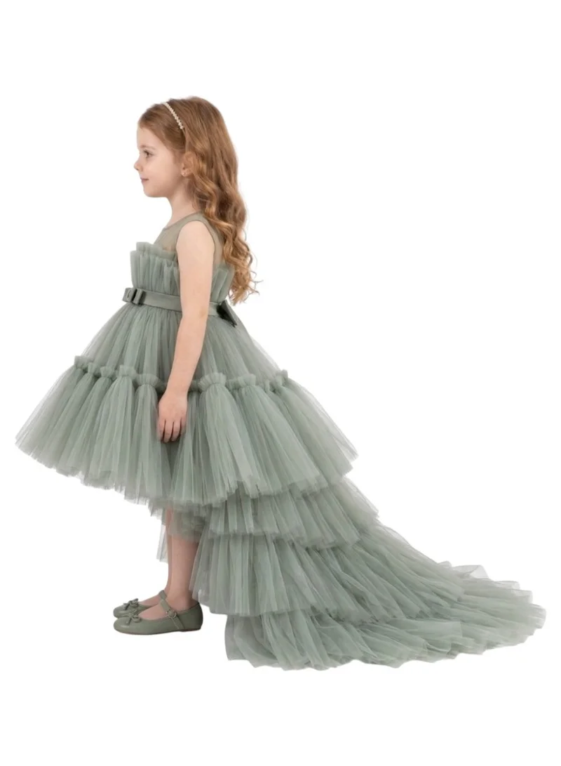 بيداني Sleeveless Ruffled Mesh Party Dress with Bow Belt