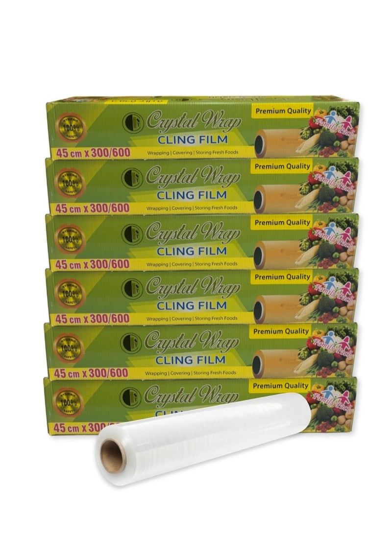 CRYSTAL Cling Film Clear 45cm x 300m with Cutter - 2Kg Roll, 11 Microns Thickness, Pack of 6 - Image 1