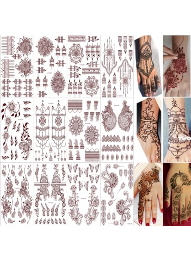 Xmasir 12 Sheets Henna Temporary Tattoo Kit Waterproof Brown Tattoo Stickers for Girls Women Wedding Party Body Art Stickers Brown2 - Image 1