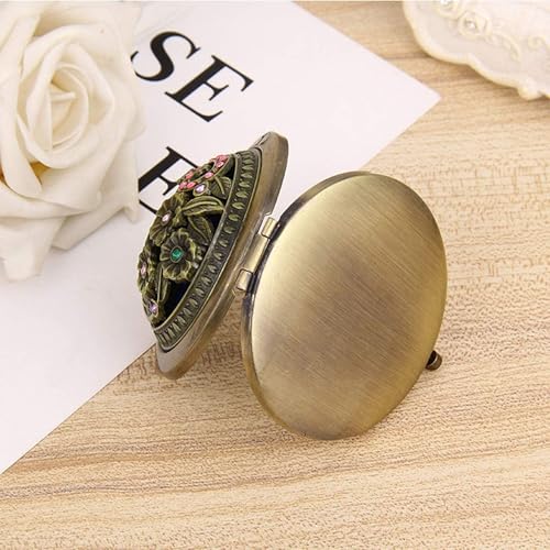 Baskety Womens Pocket Size Antique Metal Double-Sided Magnifing Compact Mirror with Clasp-Assorted Vintage Brass Style Embellished Rhinestone Designs (Pack of 1) - Image 4