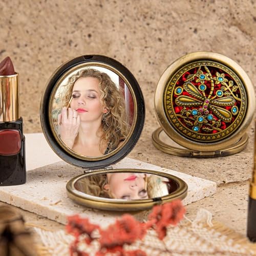 Baskety Womens Pocket Size Antique Metal Double-Sided Magnifing Compact Mirror with Clasp-Assorted Vintage Brass Style Embellished Rhinestone Designs (Pack of 1) - Image 5