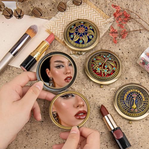 Baskety Womens Pocket Size Antique Metal Double-Sided Magnifing Compact Mirror with Clasp-Assorted Vintage Brass Style Embellished Rhinestone Designs (Pack of 1) - Image 2