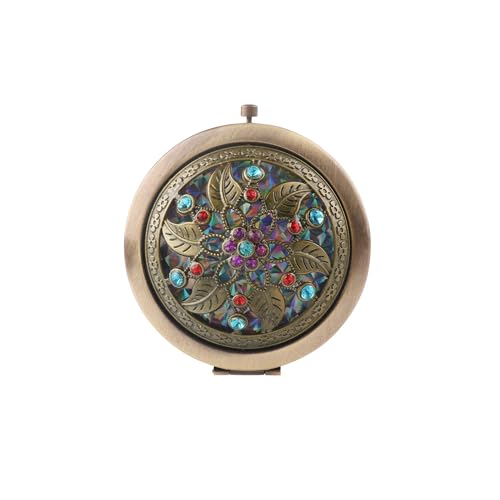 Baskety Womens Pocket Size Antique Metal Double-Sided Magnifing Compact Mirror with Clasp-Assorted Vintage Brass Style Embellished Rhinestone Designs (Pack of 1) - Image 1