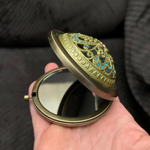 Baskety Womens Pocket Size Antique Metal Double-Sided Magnifing Compact Mirror with Clasp-Assorted Vintage Brass Style Embellished Rhinestone Designs (Pack of 1) - Image 3