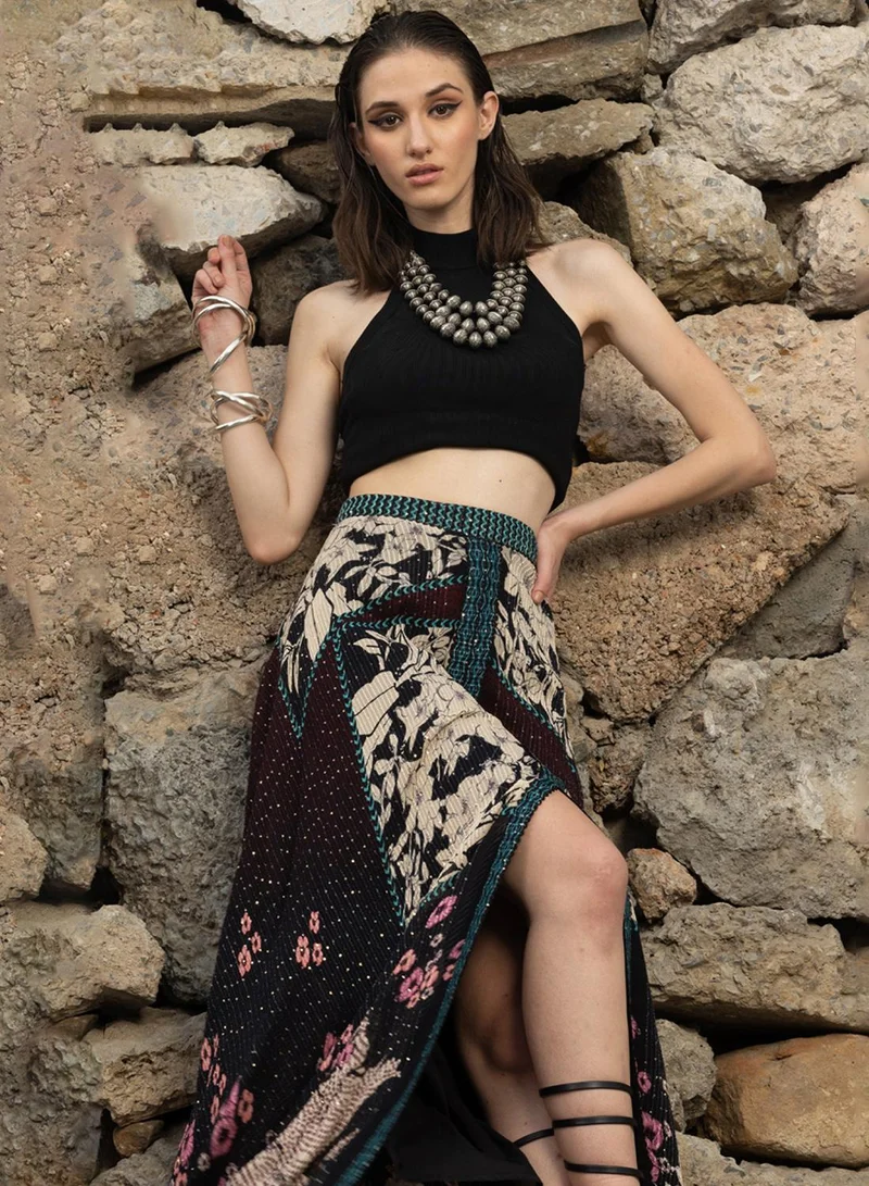 Bhanuni By Jyoti  BRUNETTE BROWN AND OYSTER GREY MAXI SKIRT for Women | Best Price UAE