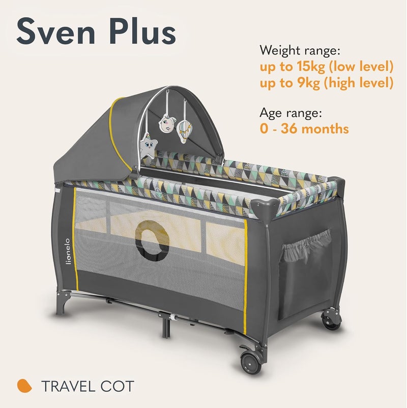 lionelo Sven Plus 2 In 1 Travel Bed Playpen Yellow - Image 2