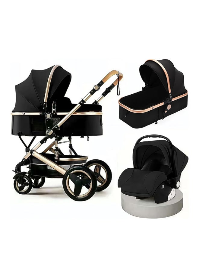 MiniMe 3-in-1 Baby Stroller | 0-72 Months | Foldable Lightweight Custom Leather & Aluminum Frame | Includes Bassinet, Car Seat & Toddler Seat | Portable Durable Black & Gold Stroller for Infant, Toddler, and Child - Image 1