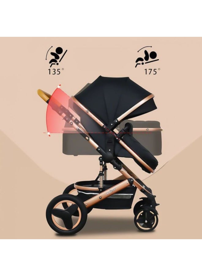 MiniMe 3-in-1 Baby Stroller | 0-72 Months | Foldable Lightweight Custom Leather & Aluminum Frame | Includes Bassinet, Car Seat & Toddler Seat | Portable Durable Black & Gold Stroller for Infant, Toddler, and Child - Image 3
