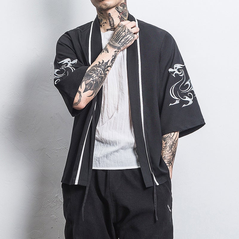 Chinese Style Shirt Mens Loose Cardigan Robe Japanese Style Dragon and Phoenix Crane Embroidery Seven-point Sleeve Hanfu Thin Coat 202 black 