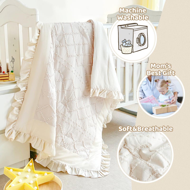 Wowelife Crib Bedding Set for Girls, 3 Pieces Baby Crib Bedding Set Newborn, Mini Tufted Jacquard Ruffle Fringe Boho, Infant & Nursery with Comforter, Crib Fitted Sheet and Crib Skirt, Beige - Image 3