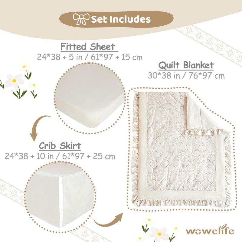 Wowelife Crib Bedding Set for Girls, 3 Pieces Baby Crib Bedding Set Newborn, Mini Tufted Jacquard Ruffle Fringe Boho, Infant & Nursery with Comforter, Crib Fitted Sheet and Crib Skirt, Beige - Image 4